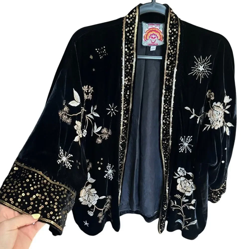 Johnny Was Ally Velvet Embroidered Sequins Kimono Black Gold Size Small